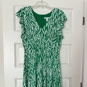 London Times Green and White Leaf-Print Midi Dress